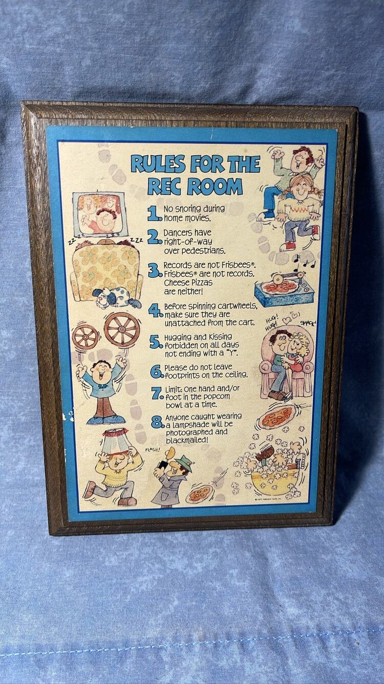 1977 Hallmark Rules For The Rec Room Wood Plaque Wall Decor Humorous